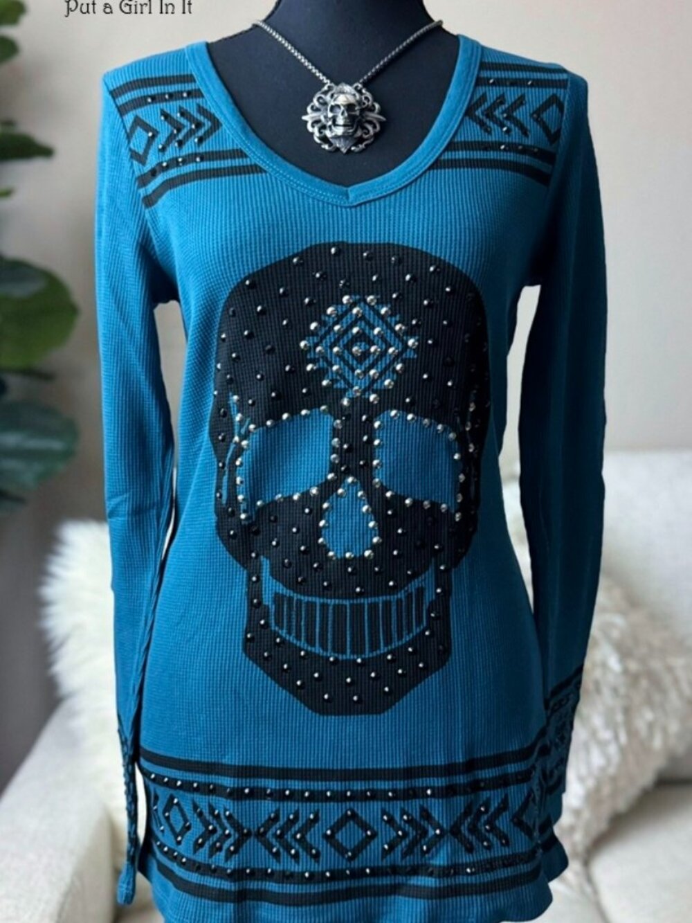 Vocal Apparel Women's crystal studded teal blue black sugar skull shirt s m l xl